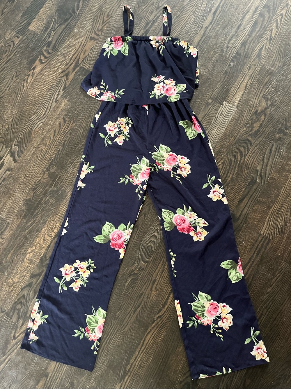 Como Vintage Navy & Pink Floral Wide-Leg Lightweight Jumpsuit Size S